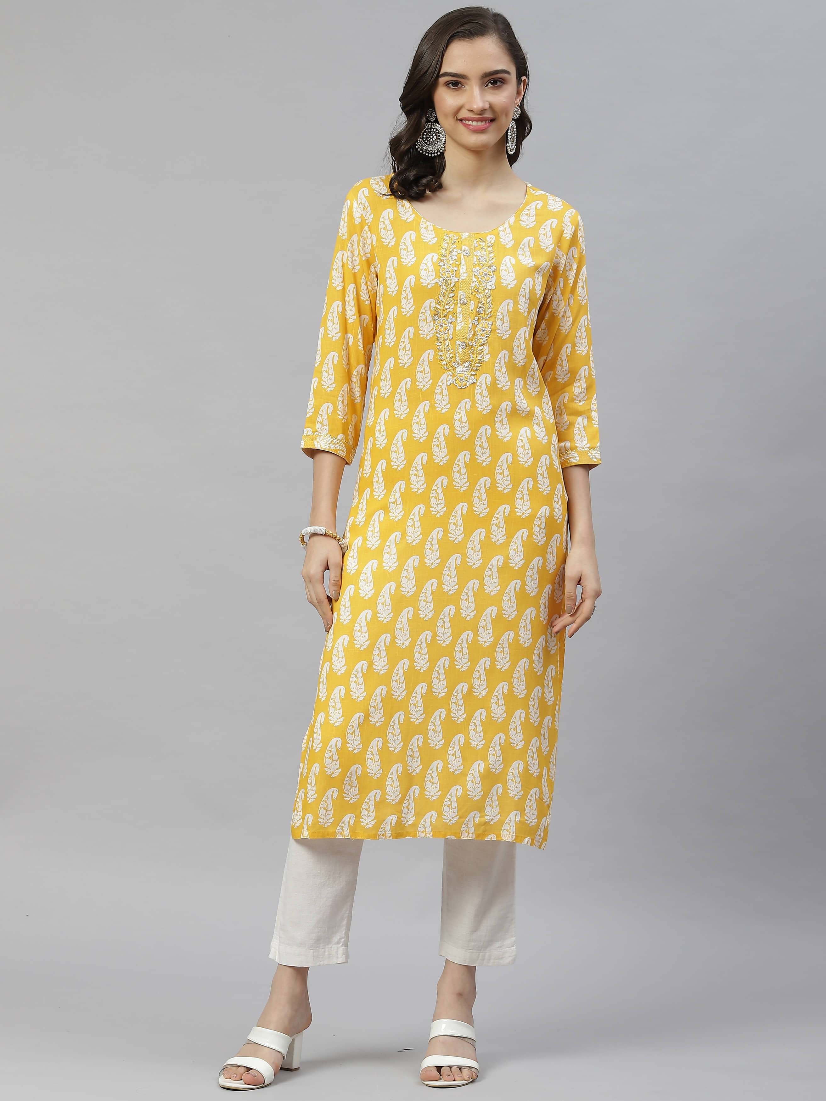 JC4U - Yellow Cotton Blend Women's Straight Kurti ( Pack of 1 ) - Kurtis, Tunics | Buy online on ZillyBuy