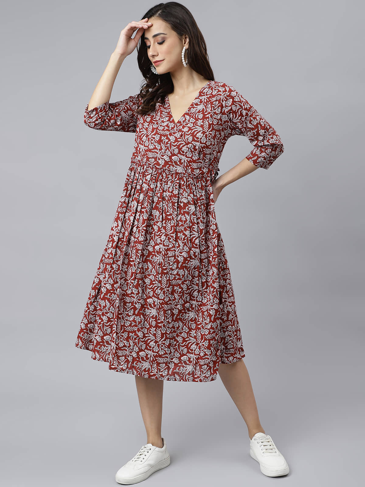 Janasya Women Cotton Printed A-line Dress ( Maroon )