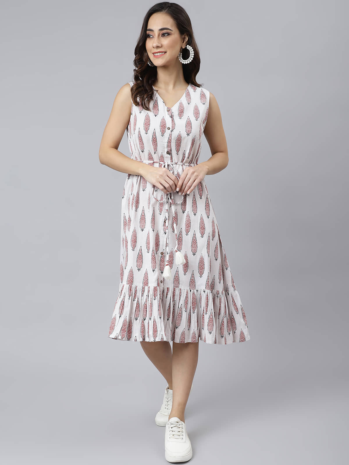 Janasya Women Cotton Printed A-line Dress ( White )