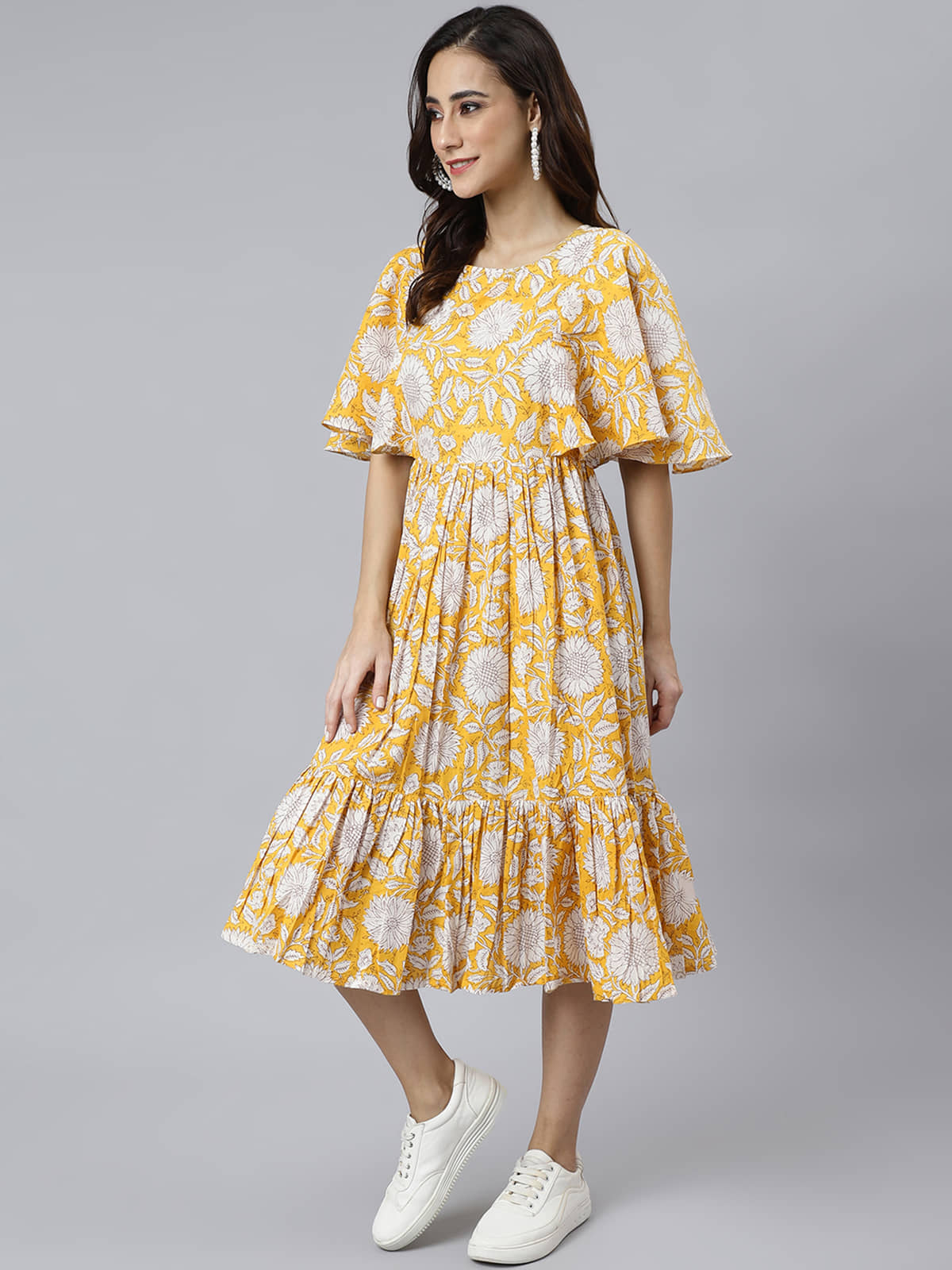 Janasya Women Cotton Printed Fit & Flare Dress ( Yellow )