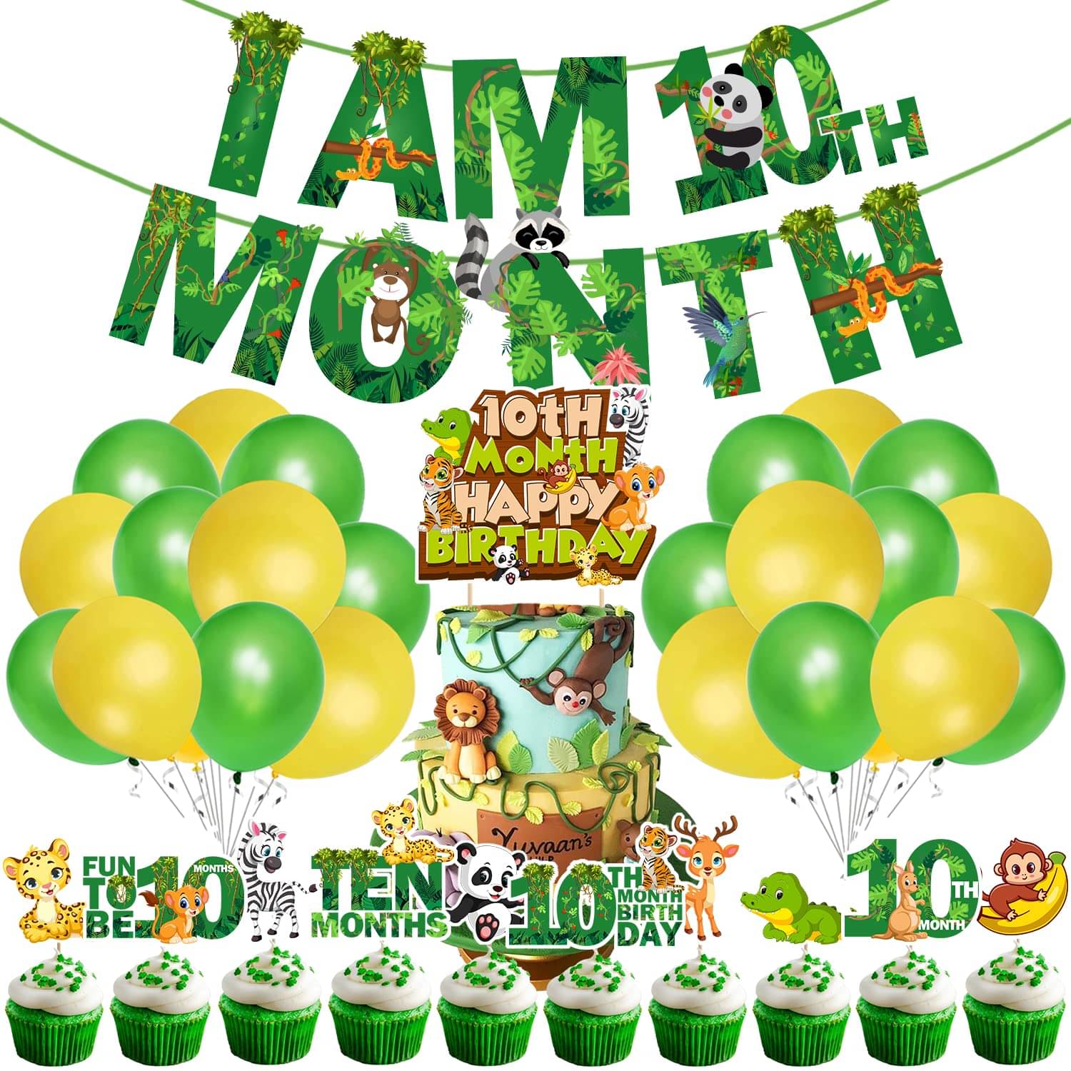     			Zyozi Jungle Theme 10th Month Birthday Decoration Kids,I AM 10th Month Birthday Banner with Latex Balloons, Cake Topper and Cup Cake Topper for Baby Boy or Girl Birthday (Pack of 37)