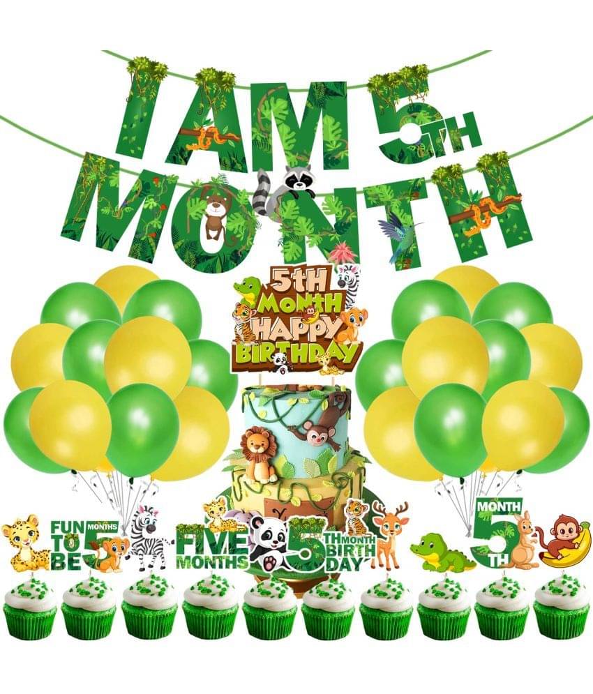     			Zyozi Jungle Theme 5th Month Birthday Decoration Kids,I AM 5th Month Birthday Banner with Latex Balloons, Cake Topper and Cup Cake Topper for Baby Boy or Girl Birthday (Pack of 37)