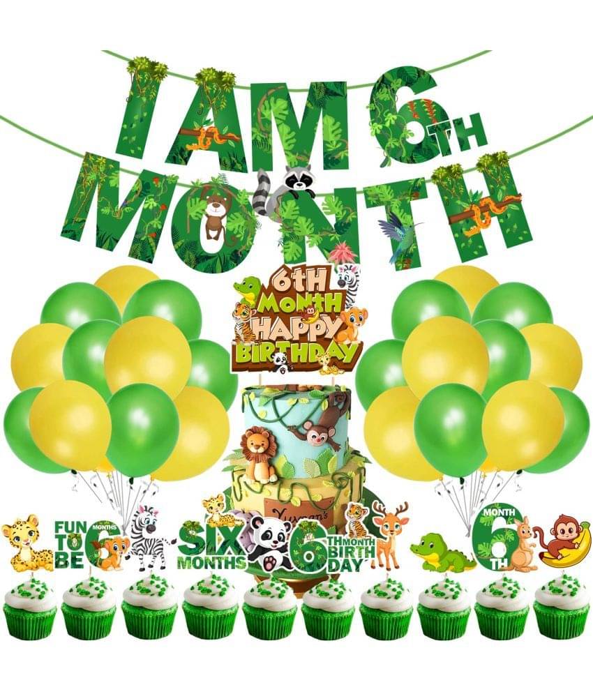     			Zyozi Jungle Theme 6th Month Birthday Decoration Kids,I AM 6th Month Birthday Banner with Latex Balloons, Cake Topper and Cup Cake Topper for Baby Boy or Girl Birthday (Pack of 37)