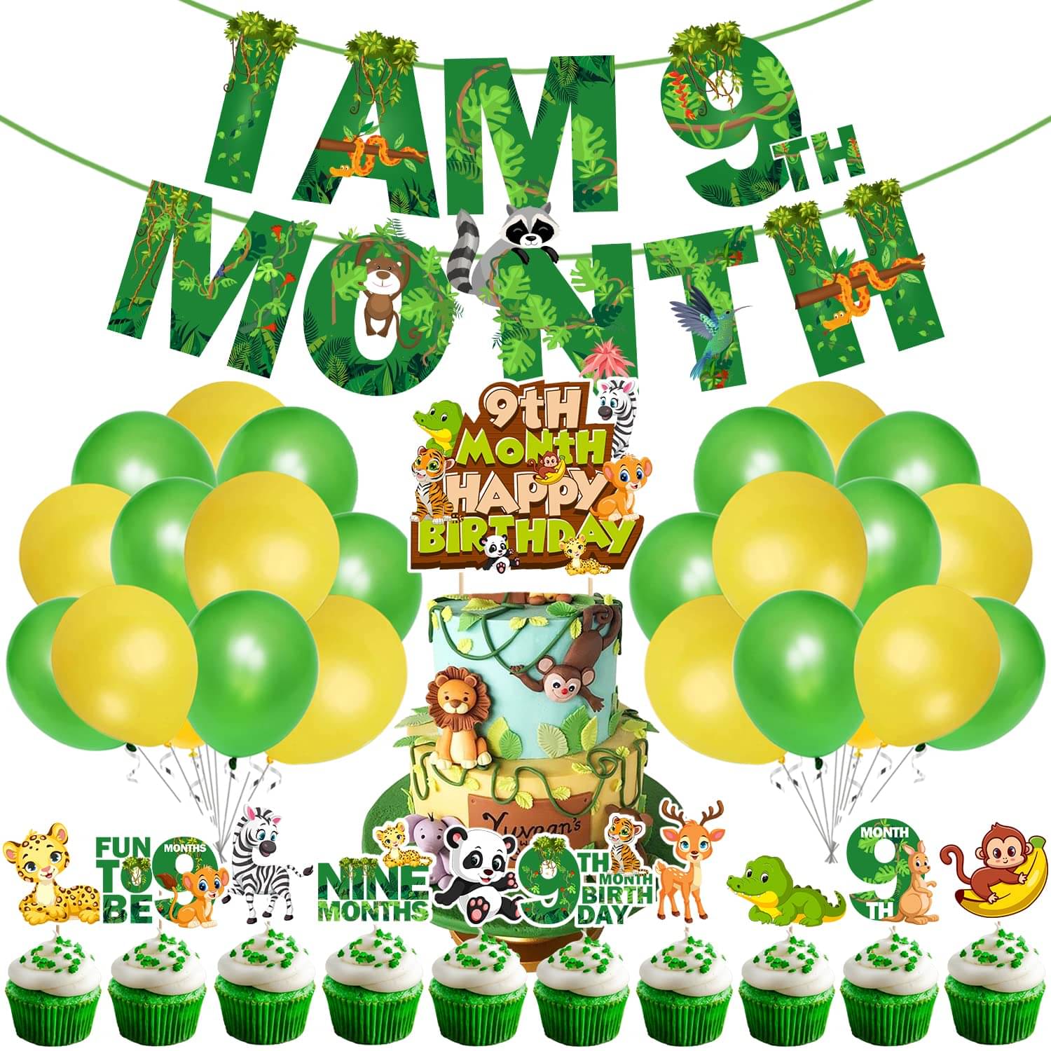     			Zyozi Jungle Theme 9th Month Birthday Decoration Kids,I AM 9th Month Birthday Banner with Latex Balloons, Cake Topper and Cup Cake Topper for Baby Boy or Girl Birthday (Pack of 37)