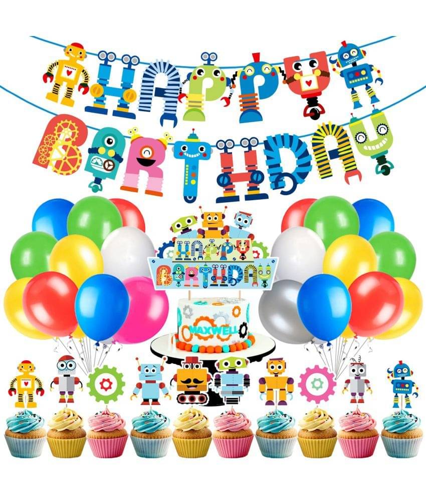     			Zyozi Robot Birthday Party Decorations Robot Birthday Banner Robot Cupcake Toppers Robot Cake Toppers Balloons for Birthday for Boys Gear Robot Party Supplies