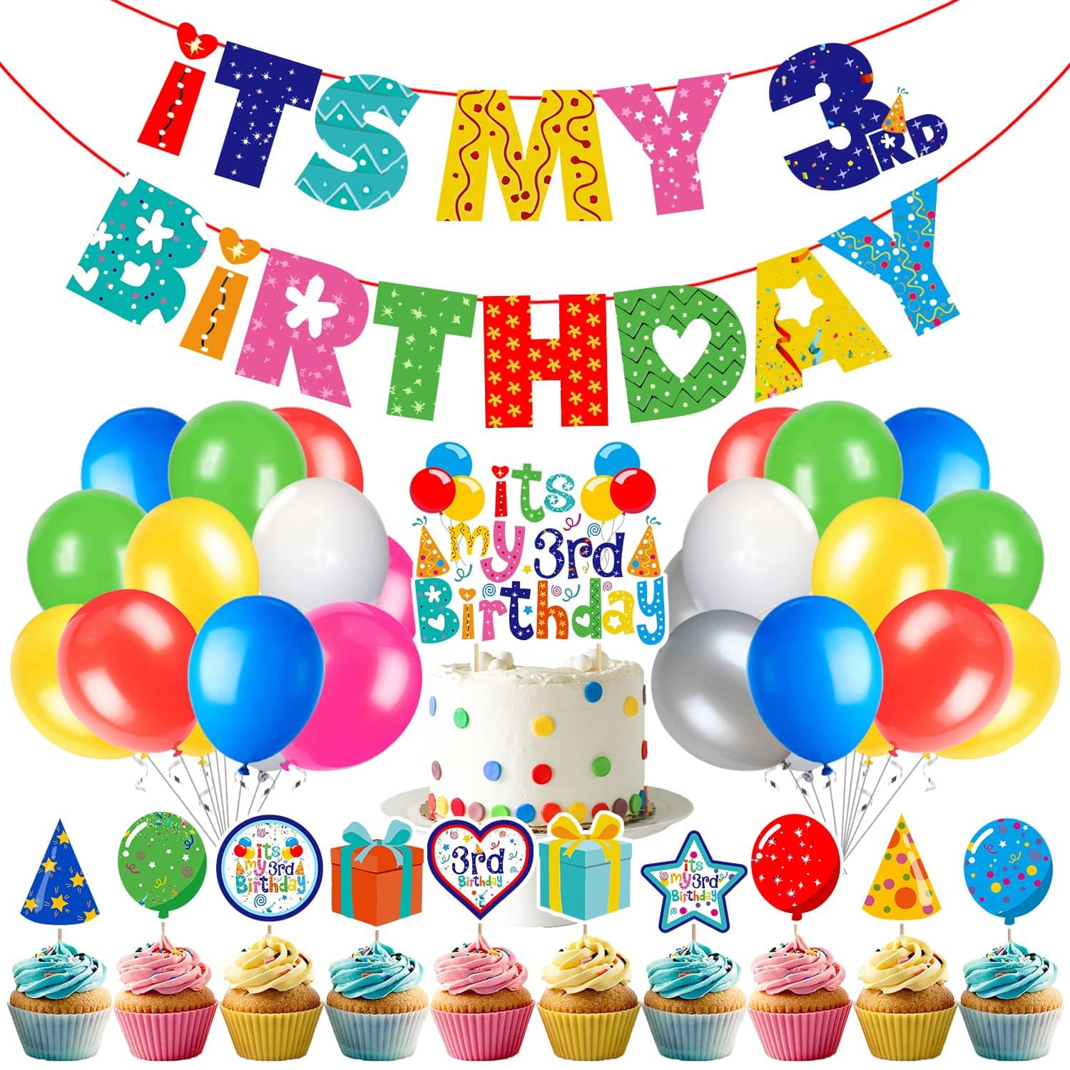     			Zyozi Third Birthday Party Supplies,3rd Birthday Party Decorations for Boys or Girls with Its My 3rd Birthday Banner Cake Topper Cupcake Toppers Balloons(Pack of 37)