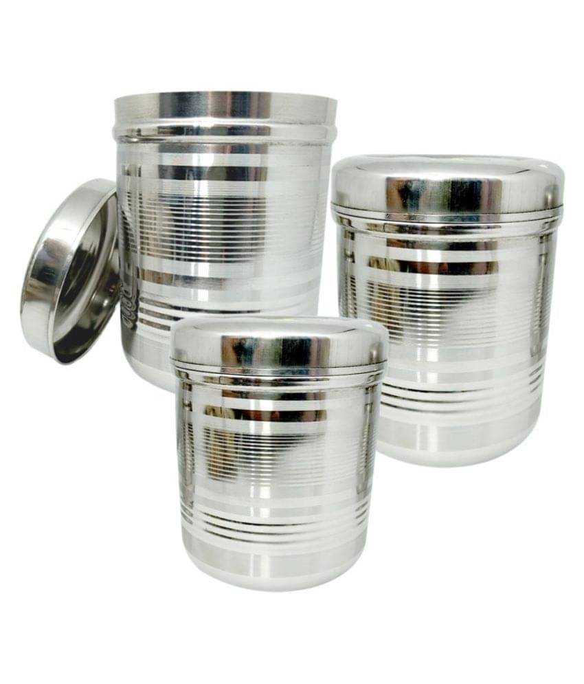     			bartan hub - Steel Silver Atta Container ( Set of 3 - 1000 )