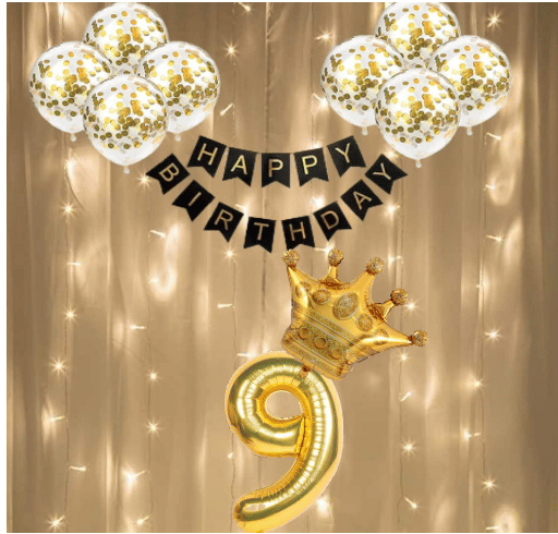     			Blooms  Mall  24 pcs  Birthday Decorations Combo 1 happy birthday banner(black ), 1 crown foil balloon , Number 7Foil balloon Golden  1 pc led light, 8 pcs gold confetti balloons.
