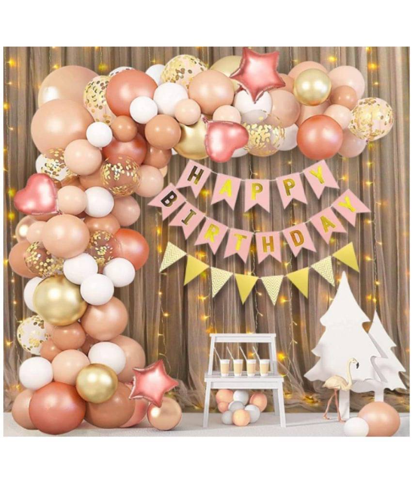     			Blooms  Mall 49Pcs Rose Gold Happy Birthday Decoration Items Kit- Curtain Net, Light, Metallic Balloons, Banner , Glue Dot, Arch/ Birthday Decoration Kit Items