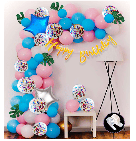     			Blooms  Mall Birthday Decoration Items Kit for Wife Husband Girls Boys Kids/Pink Blue White Metallic Latex Balloons,Balloon Arch Strip,Foil Star,Happy Bday Banner,Glue Dot/Room Decor(Combo of 67pcs)