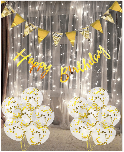    			Blooms  Mall Happy Birthday Banner Net Curtain with LED Lights Confetti Balloons Set of 15 Pcs