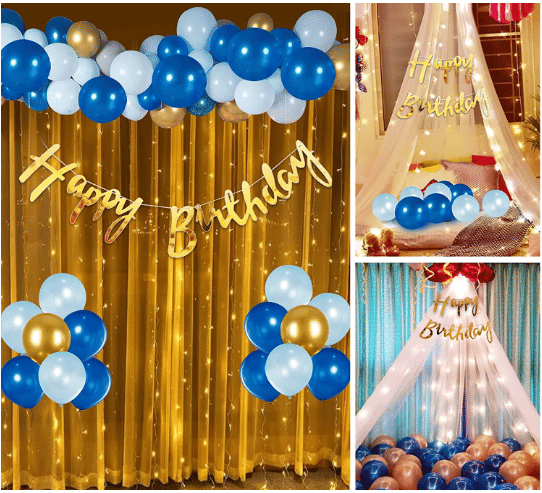     			Blooms  Mall  Happy Birthday Decoration Set with White Net Decoration, Blue & Golden Birthday Balloons for Decoration, Light, Happy Birthday Foil Banner, Cabana Tent Birthday Decorations for Boys