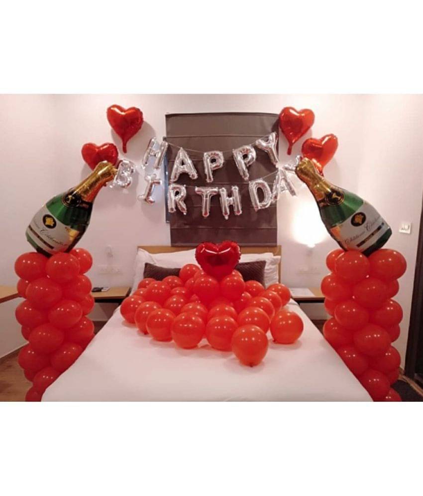     			Blooms  Mall Happy Birthday Decoration1 Silver Happy Birthday foil balloon, 5 Heart shape foil balloon, 2 bottle foil balloon, 75 red metallic latex balloons, 2 silver ribbon rolls