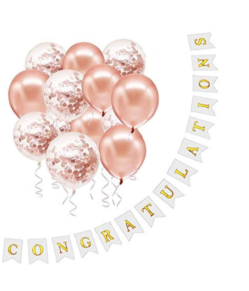    			Blooms  Mall Pack of 11 Pcs White  Congratulation Banner with Rose gold  Confetti Balloons for Birthday Decoration Items & Latex Balloon