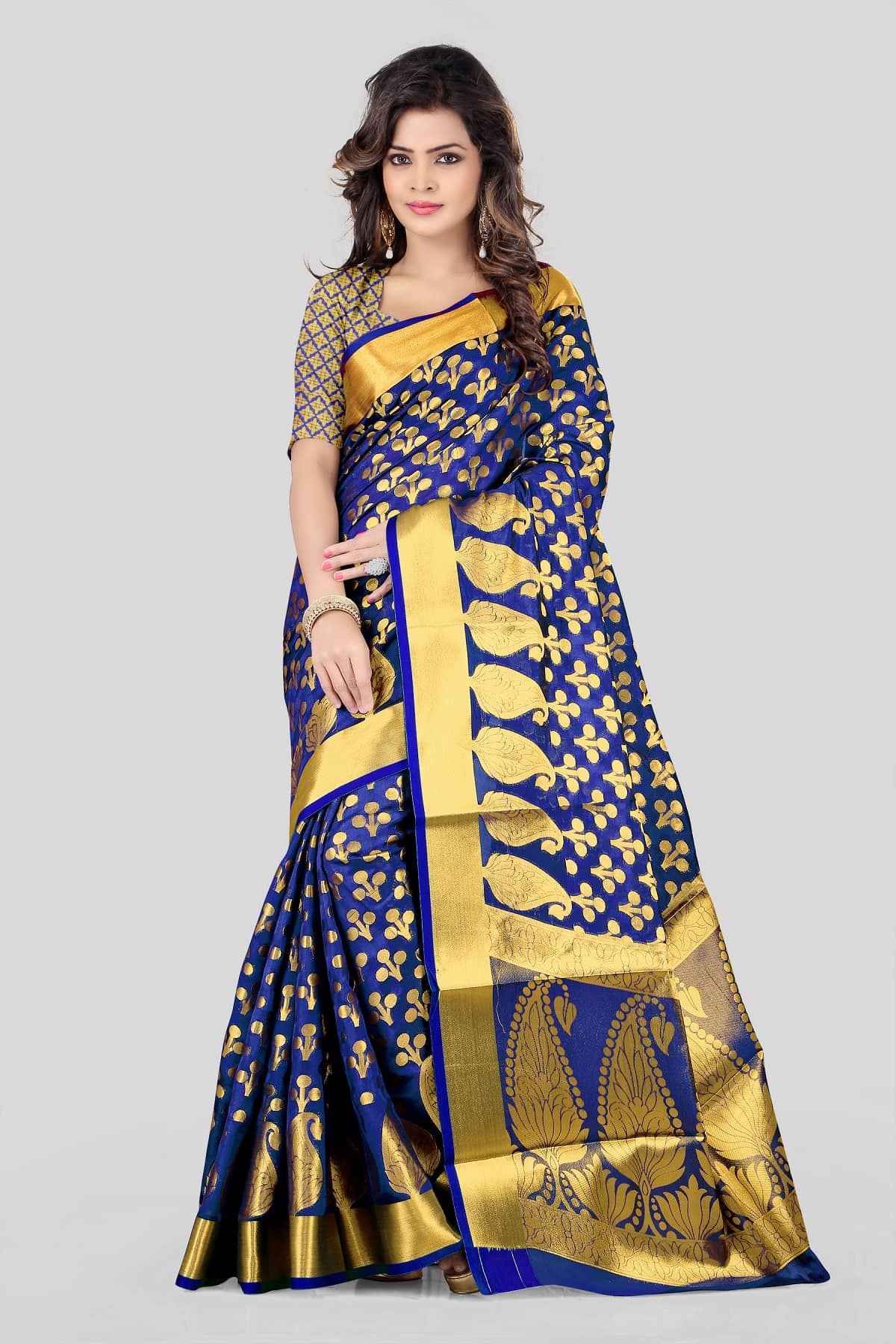 Gazal Fashions Banarasi Silk Embellished Saree With Unstitched Blouse Piece ( Blue ) - Sarees | Buy online on ZillyBuy