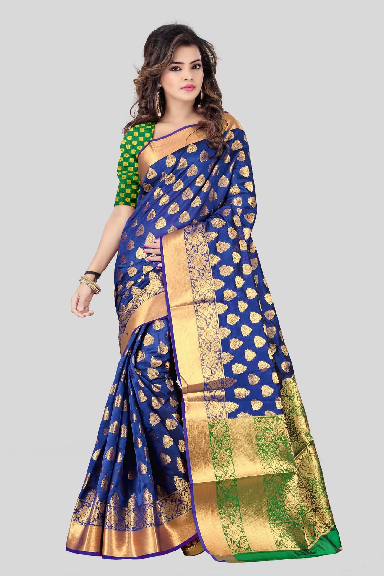 Gazal Fashions Banarasi Silk Embellished Saree With Unstitched Blouse Piece ( Blue ) - Sarees | Buy online on ZillyBuy