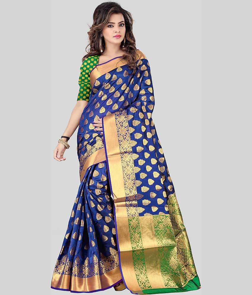 Gazal Fashions Banarasi Silk Embellished Saree With Unstitched Blouse Piece ( Blue ) - Sarees | Buy online on ZillyBuy
