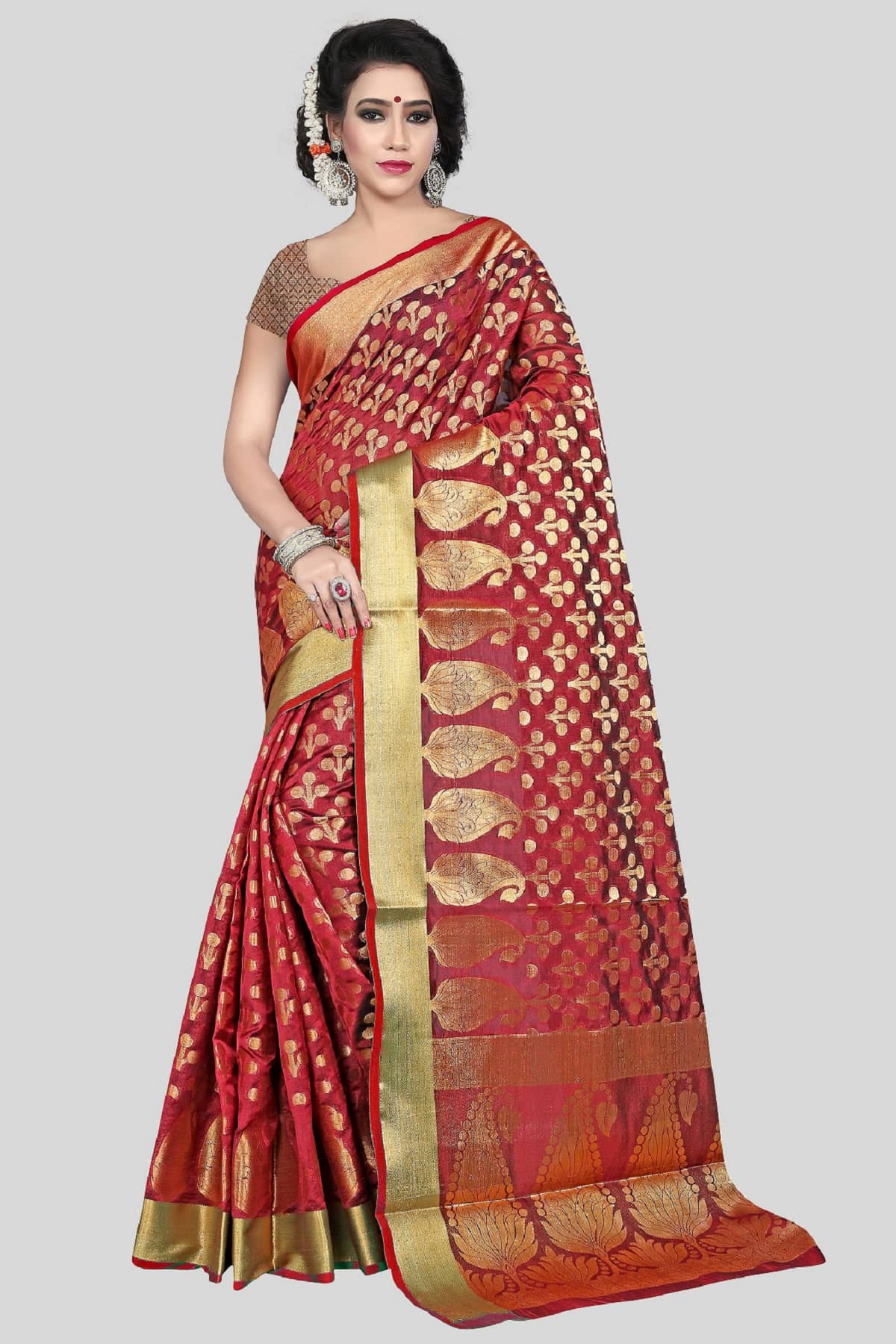 Gazal Fashions Banarasi Silk Embellished Saree With Unstitched Blouse Piece ( Red ) - Sarees | Buy online on ZillyBuy