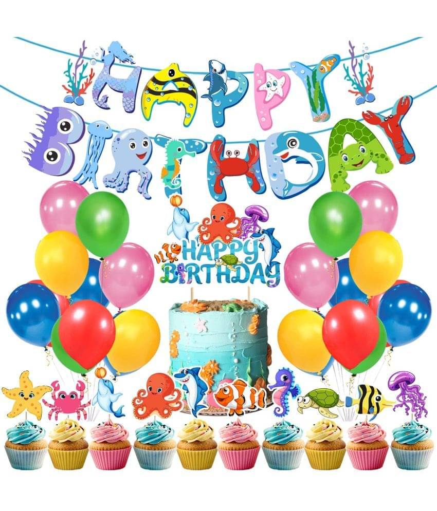     			Zyozi Ocean Theme Party Decoration,37Pcs Under The Sea Happy Birthday Banner Balloons Cake and Cup Cake Toppers Kit, Underwater Animals Sign Party Supplies