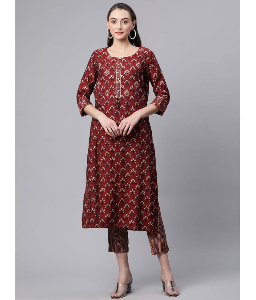     			Divena - Maroon Straight Chanderi Women's Stitched Salwar Suit ( Pack of 1 )