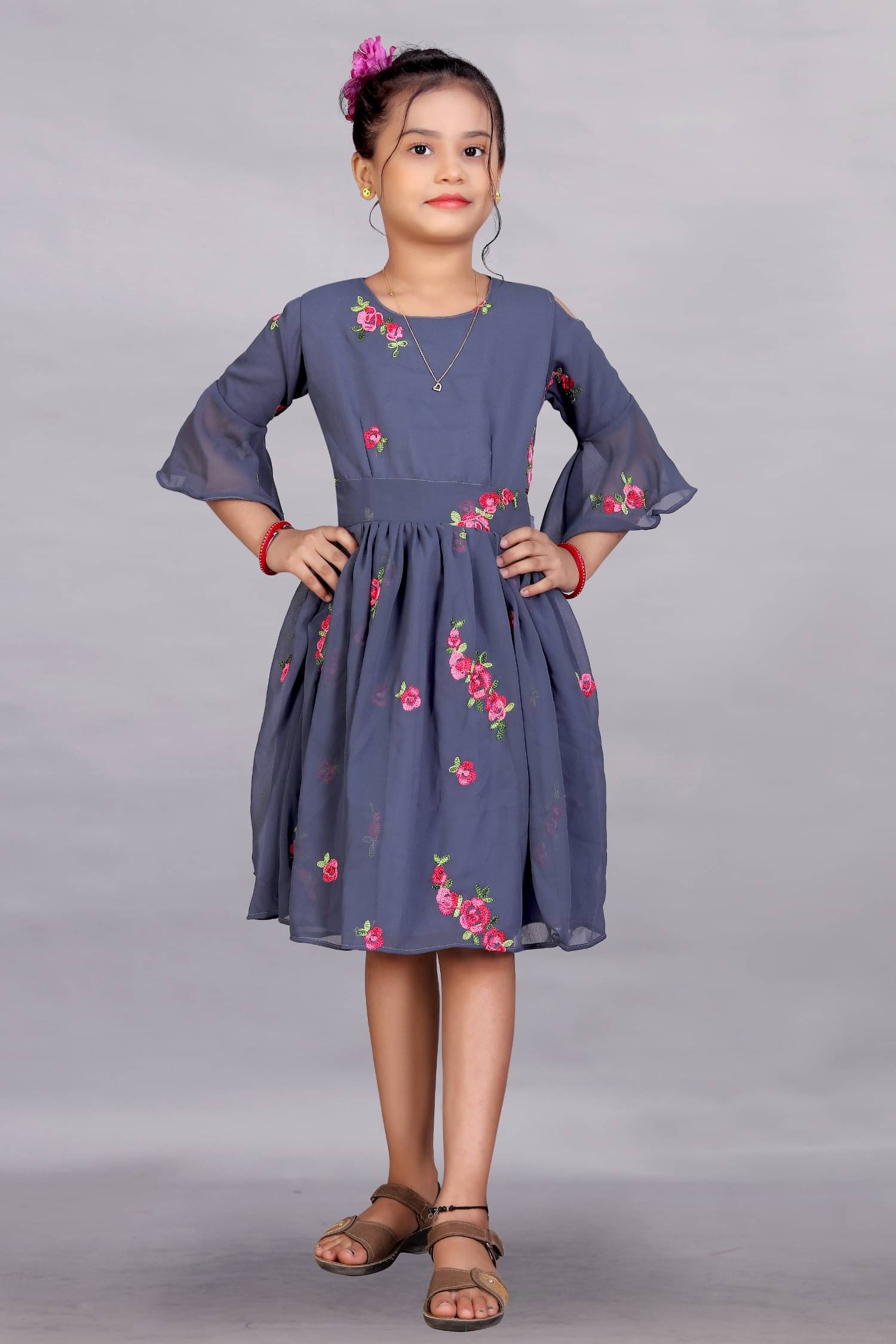     			Apnisha Net Fit And Flare Dress For Girls ( Pack of 1 , Grey )