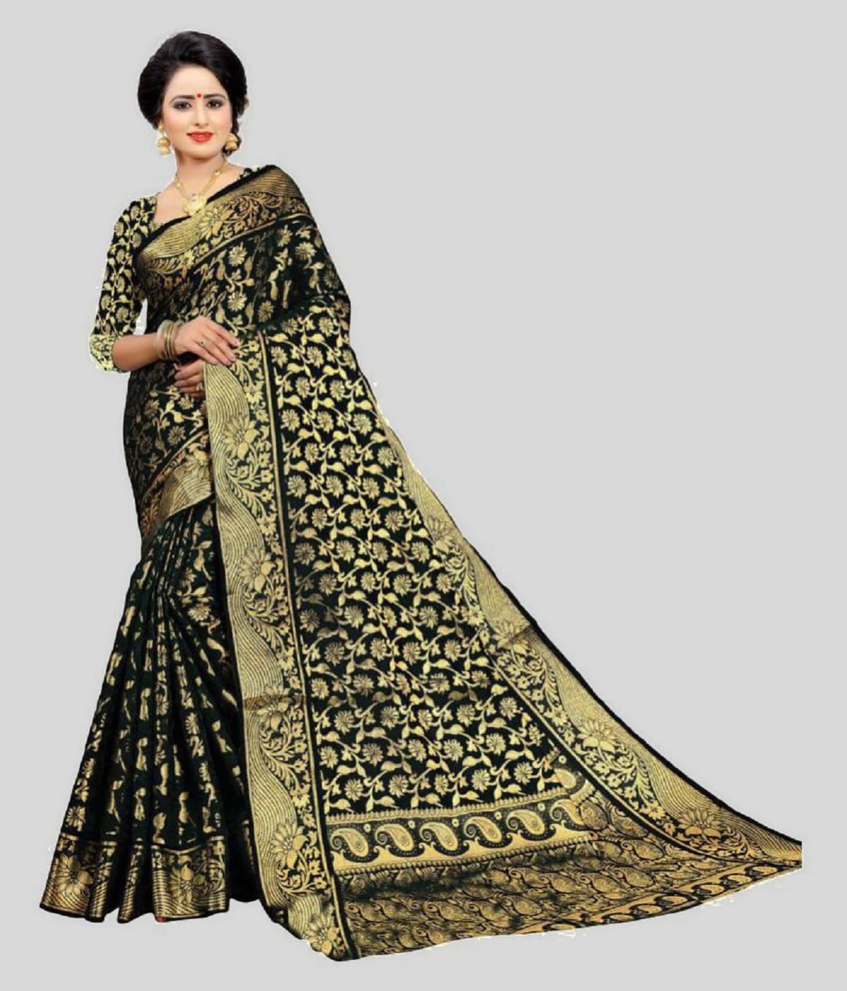 Gazal Fashions Banarasi Silk Embellished Saree With Unstitched Blouse Piece ( Black ) - Sarees | Buy online on ZillyBuy