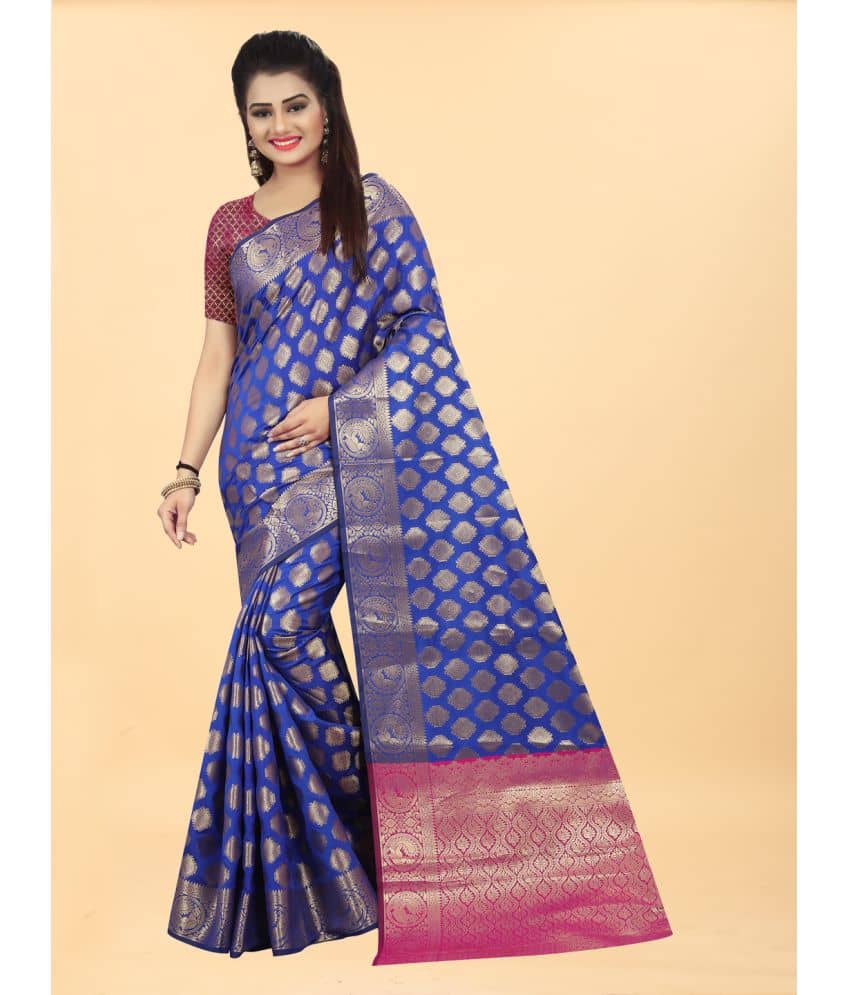 Gazal Fashions Banarasi Silk Self Design Saree With Unstitched Blouse Piece ( Blue ) - Sarees | Buy online on ZillyBuy
