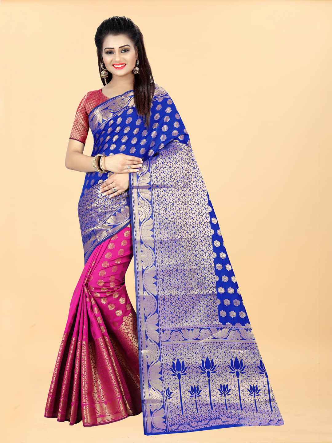 Gazal Fashions Banarasi Silk Embroidered Saree With Unstitched Blouse Piece ( Blue ) - Sarees | Buy online on ZillyBuy