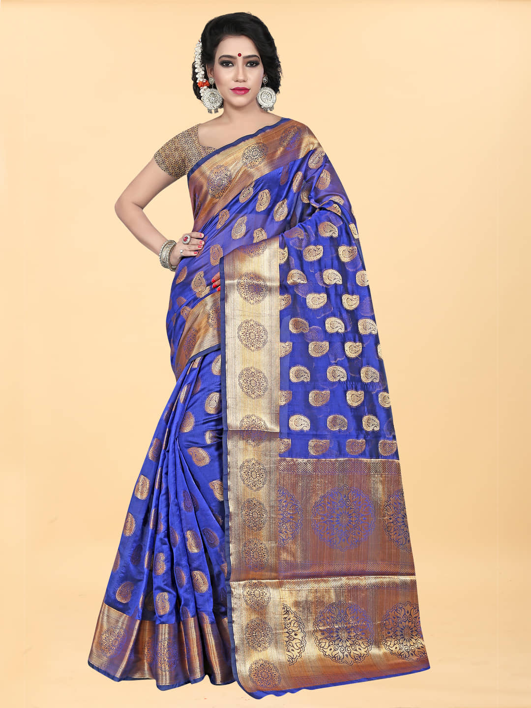 Gazal Fashions Banarasi Silk Embellished Saree With Unstitched Blouse Piece ( Blue ) - Sarees | Buy online on ZillyBuy
