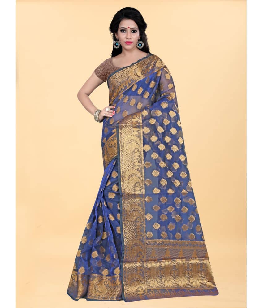 Gazal Fashions Banarasi Silk Embellished Saree With Unstitched Blouse Piece ( Blue ) - Sarees | Buy online on ZillyBuy