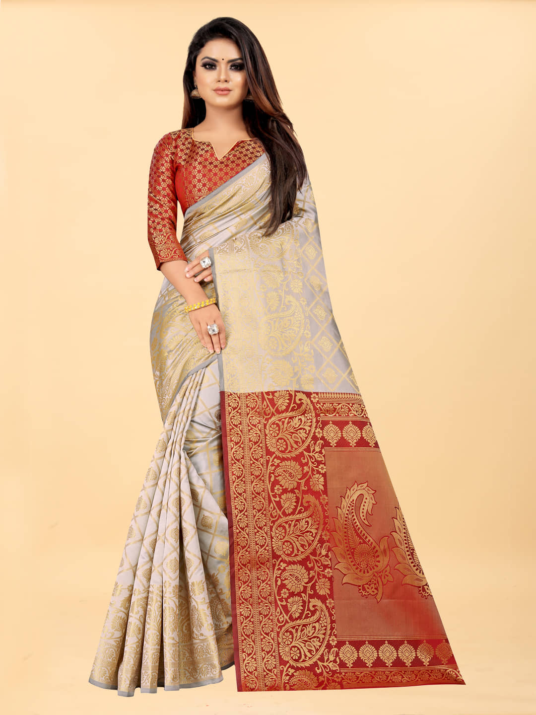 Gazal Fashions Banarasi Silk Embellished Saree With Unstitched Blouse Piece ( Cream ) - Sarees | Buy online on ZillyBuy