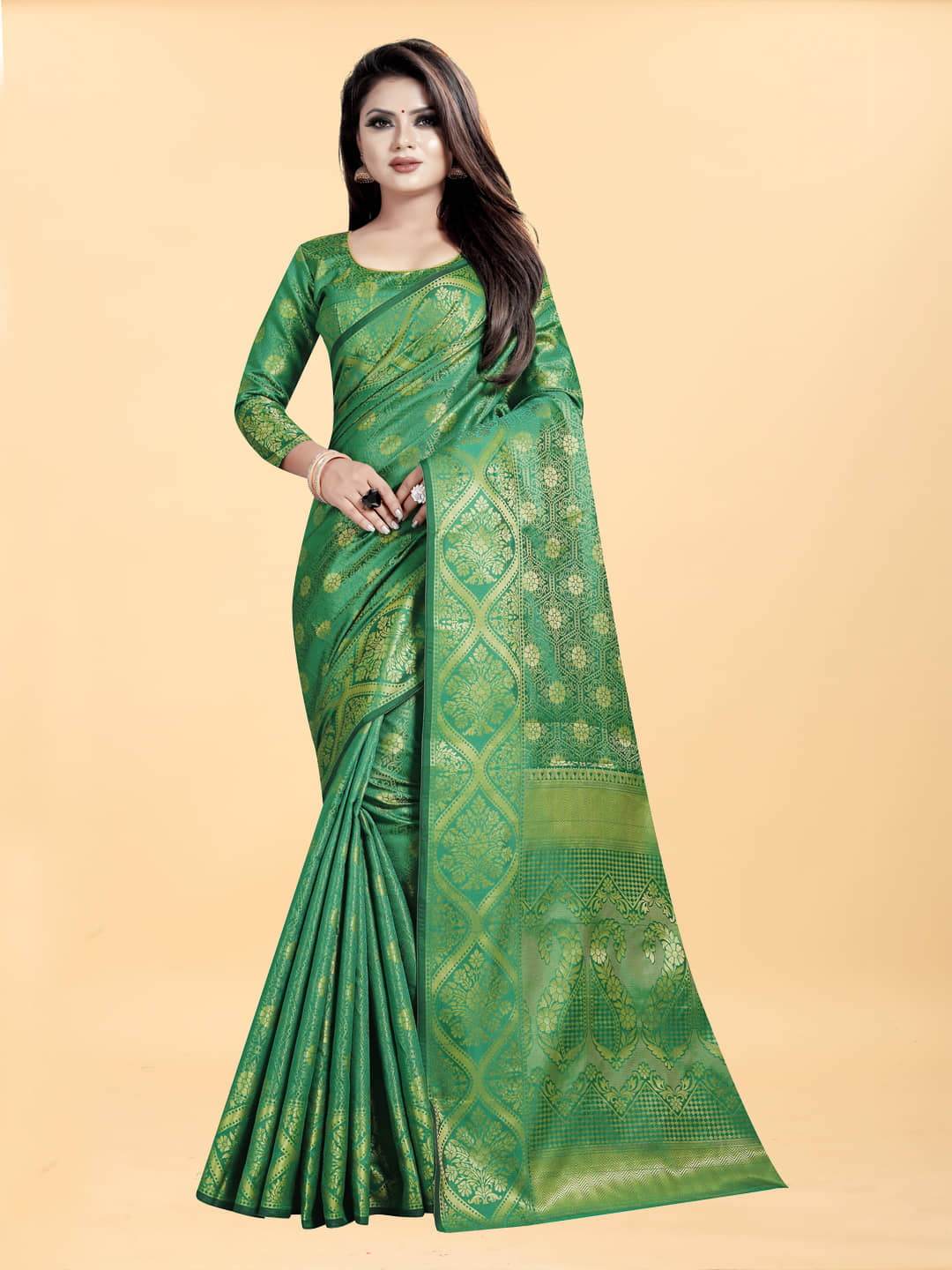 Gazal Fashions Banarasi Silk Embellished Saree With Unstitched Blouse Piece ( Green ) - Sarees | Buy online on ZillyBuy