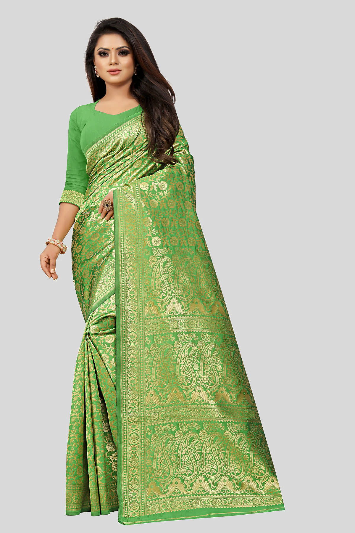 Gazal Fashions Banarasi Silk Embellished Saree With Unstitched Blouse Piece ( Green ) - Sarees | Buy online on ZillyBuy