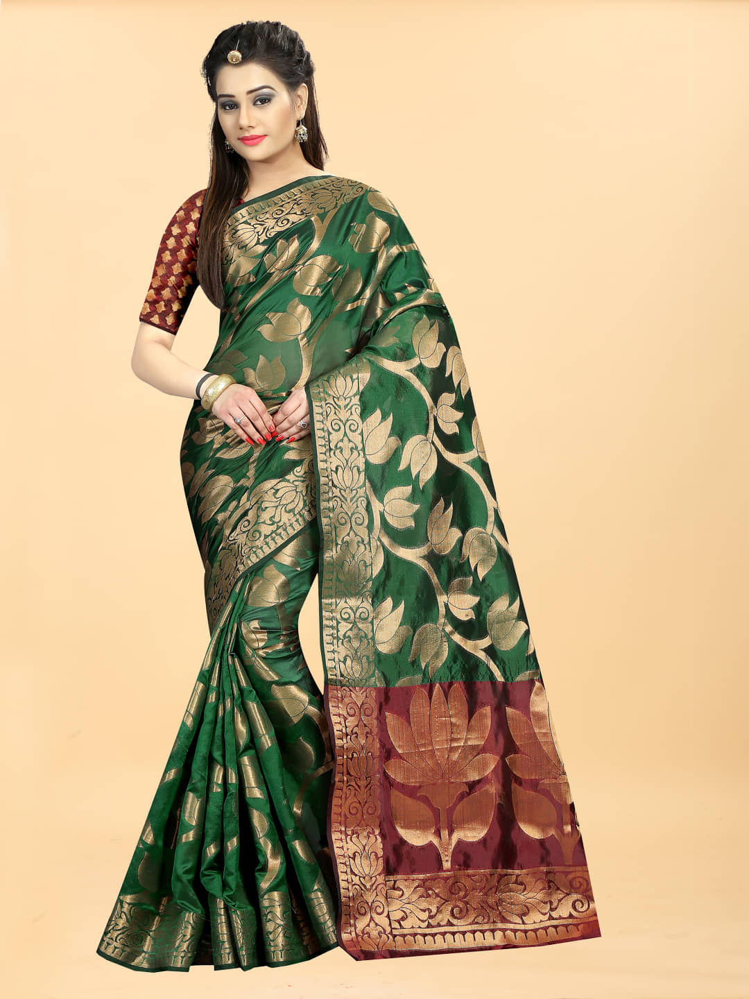 Gazal Fashions Banarasi Silk Embellished Saree With Unstitched Blouse Piece ( Green )