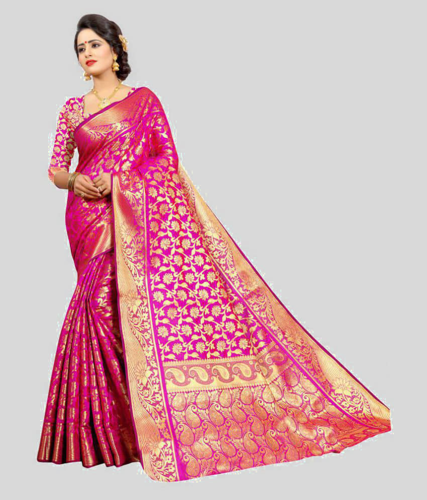 Gazal Fashions Banarasi Silk Embellished Saree With Unstitched Blouse Piece ( Pink ) - Sarees | Buy online on ZillyBuy