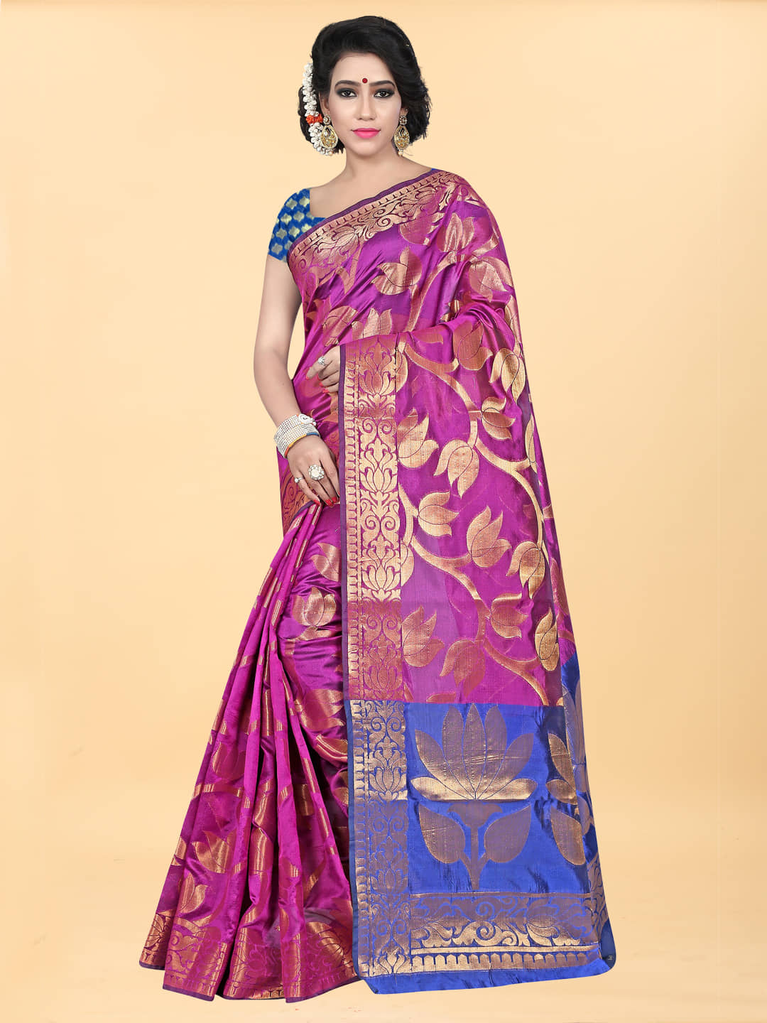 Gazal Fashions Banarasi Silk Embellished Saree With Unstitched Blouse Piece ( Pink ) - Sarees | Buy online on ZillyBuy