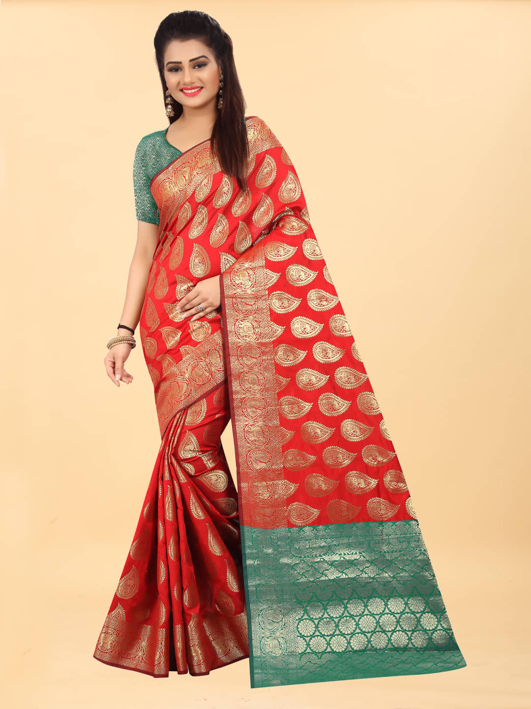 Gazal Fashions Banarasi Silk Self Design Saree With Unstitched Blouse Piece ( Red ) - Sarees | Buy online on ZillyBuy