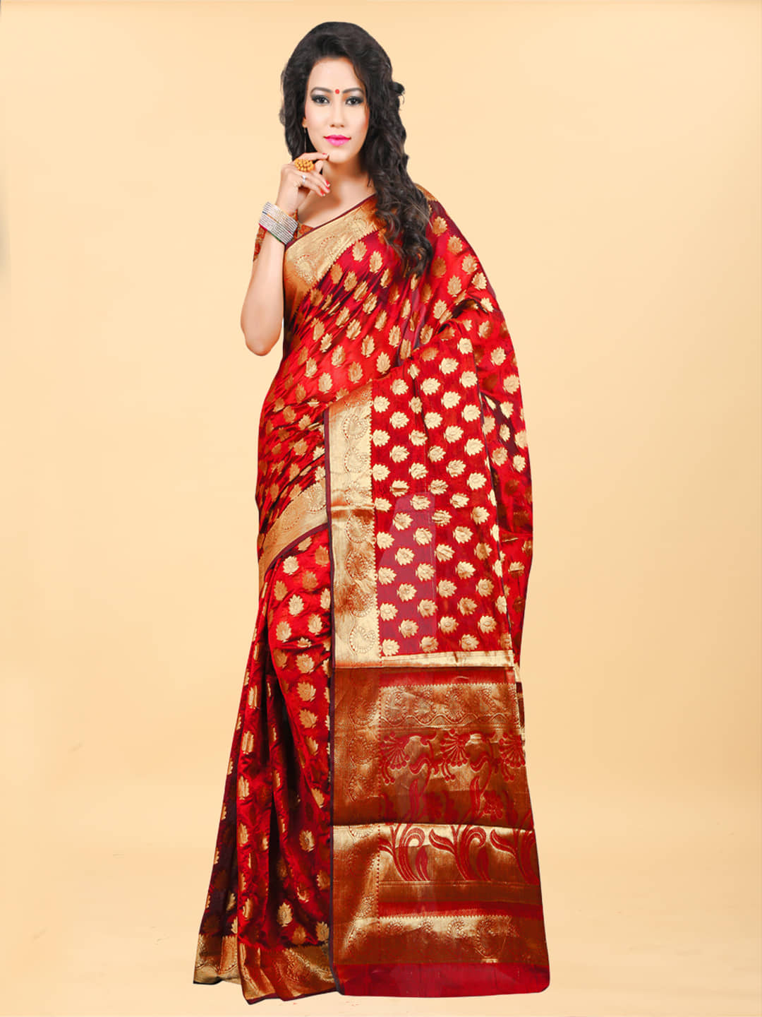 Gazal Fashions Banarasi Silk Embellished Saree With Unstitched Blouse Piece ( Red ) - Sarees | Buy online on ZillyBuy