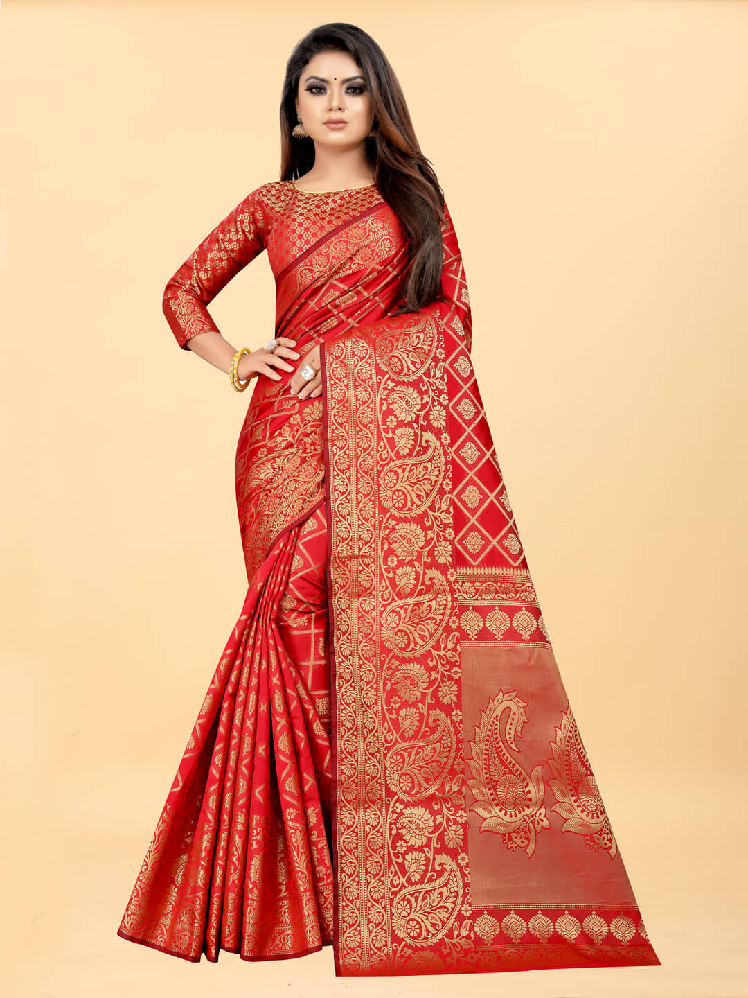 Gazal Fashions Banarasi Silk Embellished Saree With Unstitched Blouse Piece ( Red ) - Sarees | Buy online on ZillyBuy