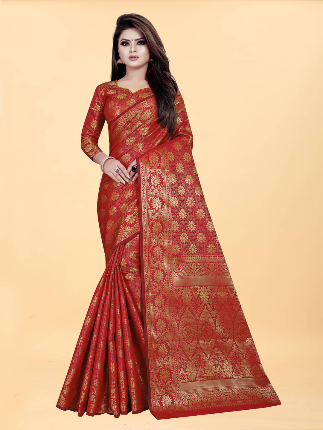 Gazal Fashions Banarasi Silk Embellished Saree With Unstitched Blouse Piece ( Red ) - Sarees | Buy online on ZillyBuy