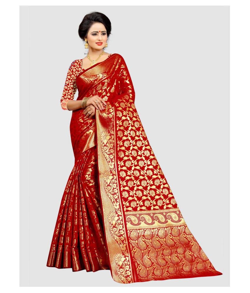 Gazal Fashions Banarasi Silk Embellished Saree With Unstitched Blouse Piece ( Red ) - Sarees | Buy online on ZillyBuy