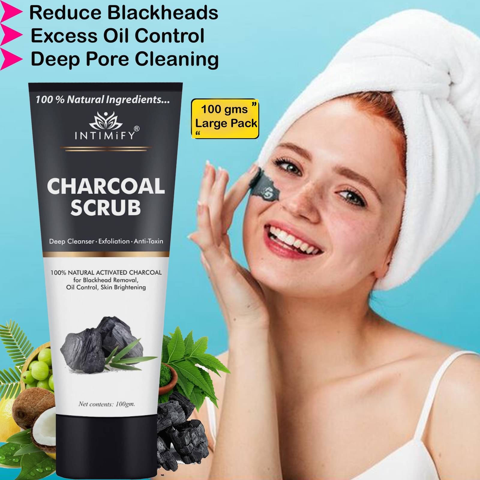 Intimify Charcoal Scrub, ubtan face scrub, blackhead scrub, blackhead removing face mask, 100 gm Intimify Charcoal Scrub, ubtan face scrub, blackhead scrub, blackhead removing face mask, 100 gm