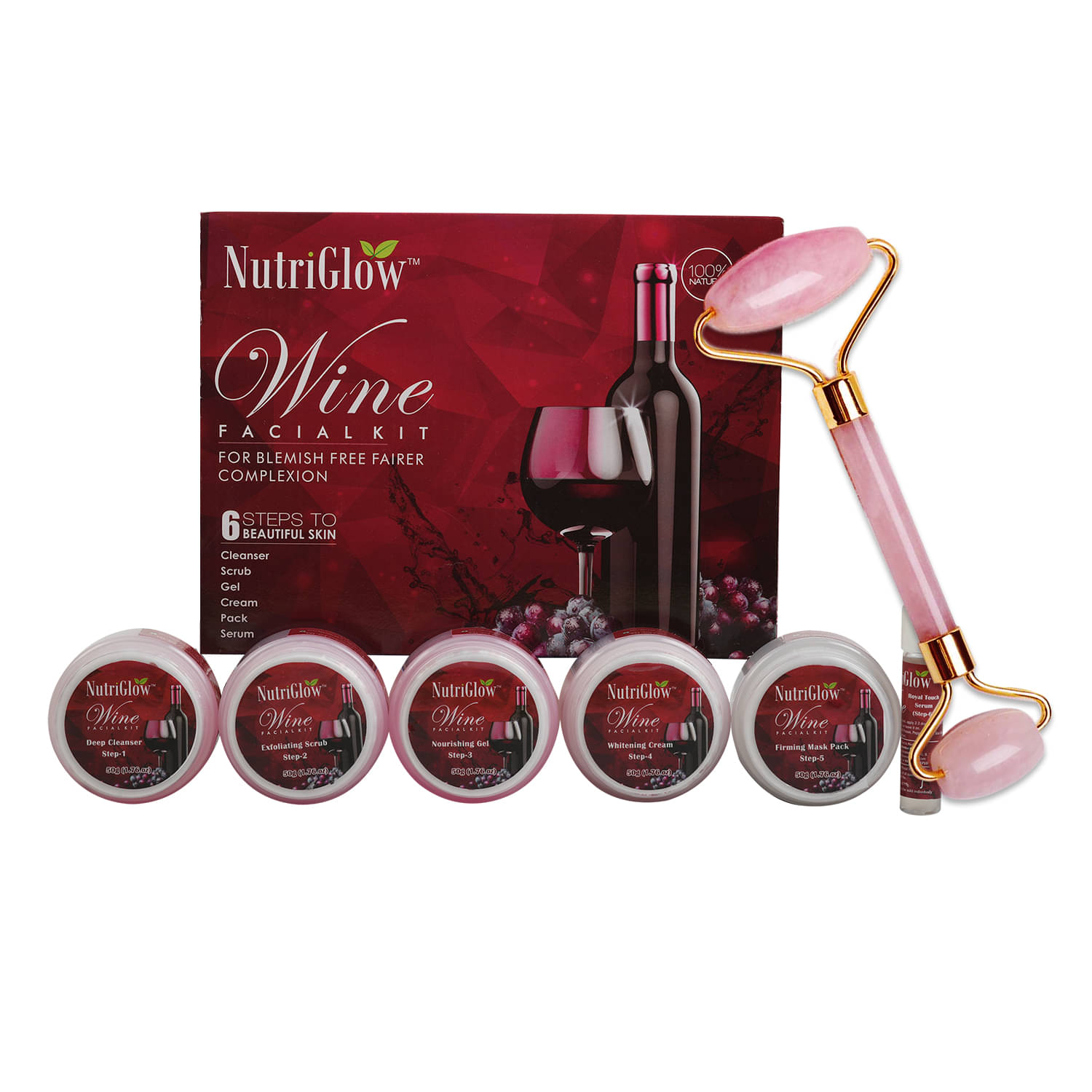 NutriGlow Wine Facial Kit 6-Pieces Skin Care Set with Deep Cleanser, Scrub, Nourishing Gel, Whitening Cream, Mask Pack And Serum, 250gm + 10ml with Jade Roller NutriGlow Wine Facial Kit 6-Pieces Skin Care Set with Deep Cleanser, Scrub, Nourishing Gel, Whitening Cream, Mask Pack And Serum, 250gm + 10ml with Jade Roller