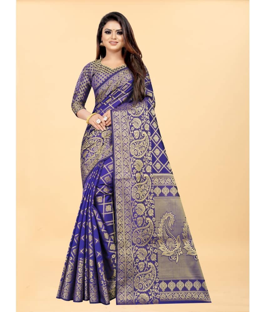 Gazal Fashions Banarasi Silk Embellished Saree With Unstitched Blouse Piece ( Blue ) - Sarees | Buy online on ZillyBuy