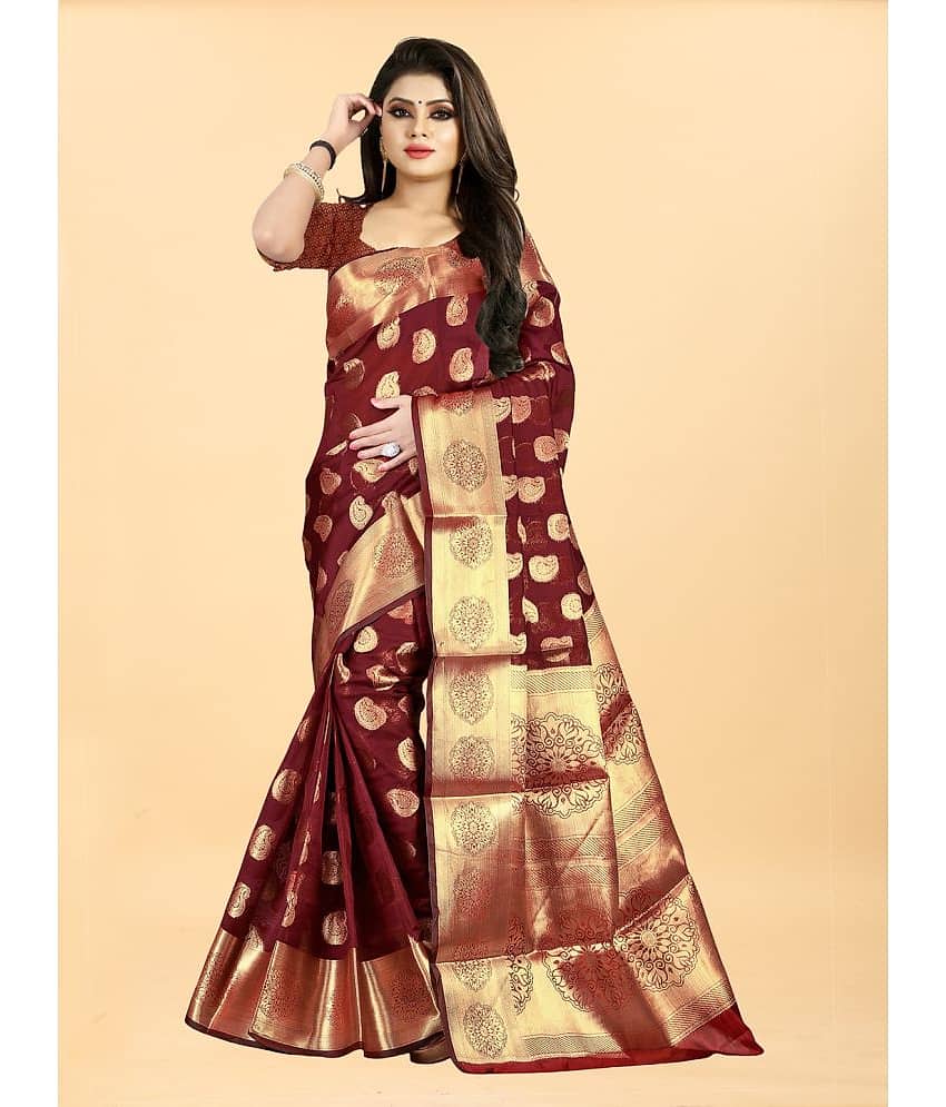 Gazal Fashions Banarasi Silk Embellished Saree With Unstitched Blouse Piece ( Maroon ) - Sarees | Buy online on ZillyBuy