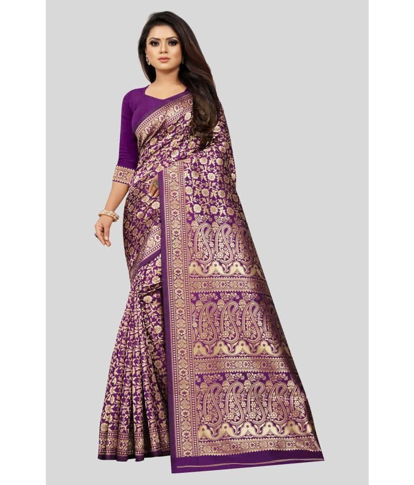 Gazal Fashions Banarasi Silk Embellished Saree With Unstitched Blouse Piece ( Purple ) - Sarees | Buy online on ZillyBuy