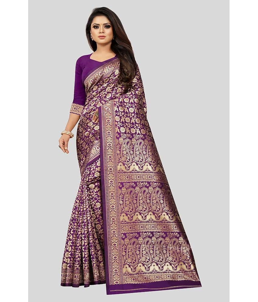 Gazal Fashions Banarasi Silk Embellished Saree With Unstitched Blouse Piece ( Purple ) - Sarees | Buy online on ZillyBuy