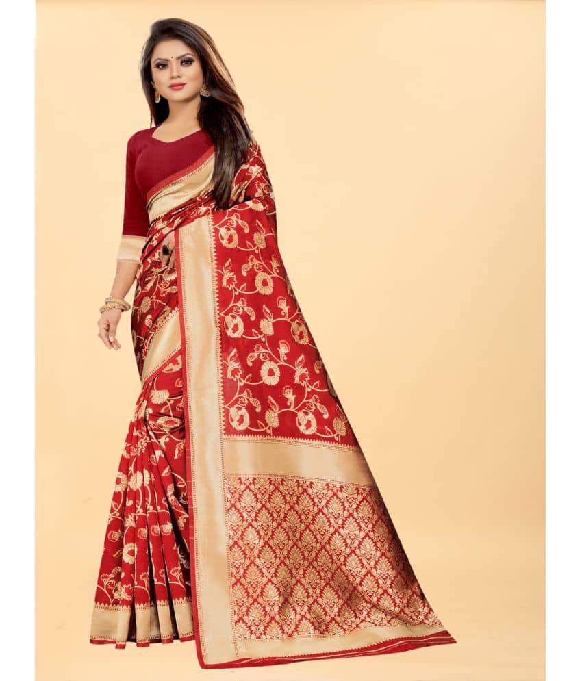 Gazal Fashions Banarasi Silk Embellished Saree With Unstitched Blouse Piece ( Red ) - Sarees | Buy online on ZillyBuy