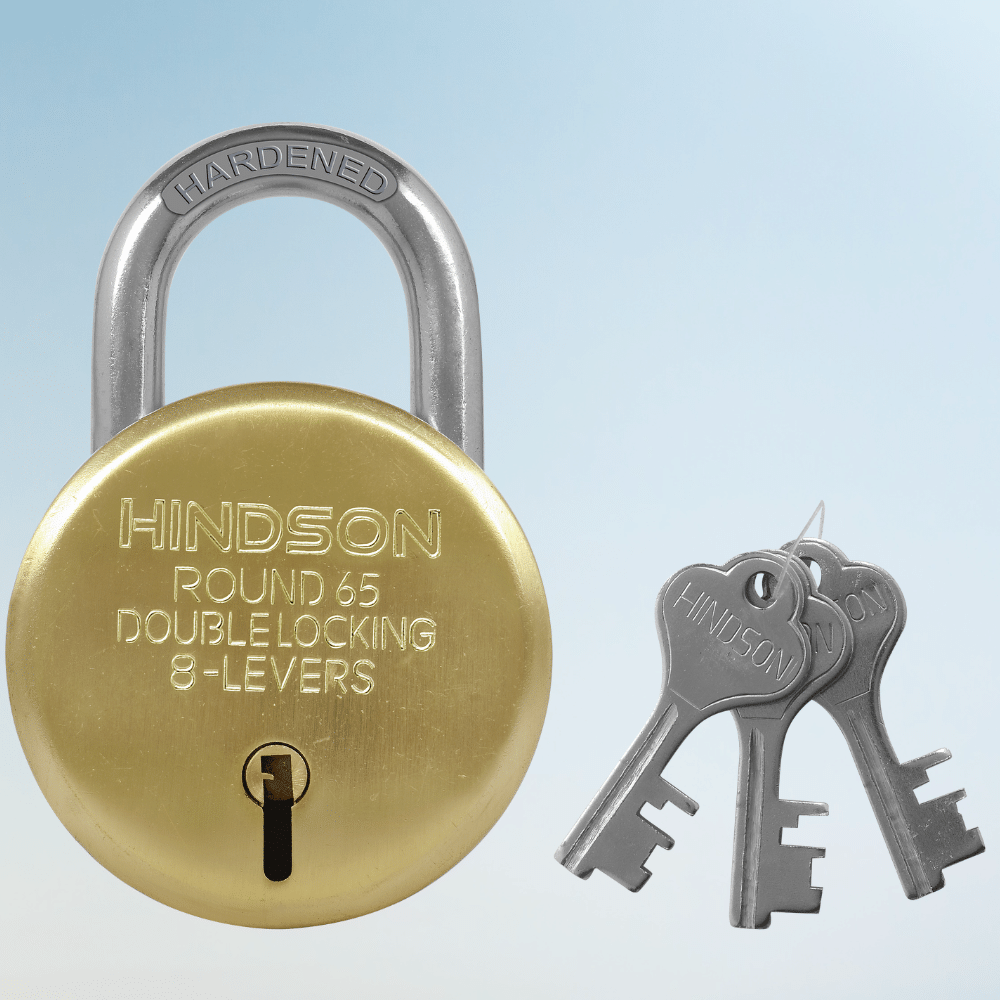 HINDSON Lock Gold Round 65mm with 3 Key, Link Steel Double Locking, 8 Lever Padlock for Door, Brass Gate, Shutter ( Finish Gold ) HINDSON Lock Gold Round 65mm with 3 Key, Link Steel Double Locking, 8 Lever Padlock for Door, Brass Gate, Shutter ( Finish Gold )