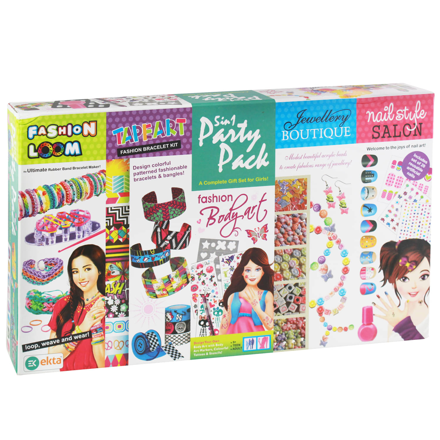     			Ekta 5 in 1 Party Pack, Fashion Loom, Nail Art, Jewellery Boutique, Nail Style and Tape Art a Complete Gift Set for Girls